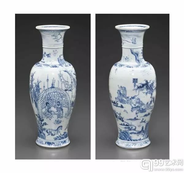 拍品编号3586清康熙早期（约1680年）青花胡笳十八拍人物故事图大瓶高16  寸(41公分)美元25,000 – 35,000