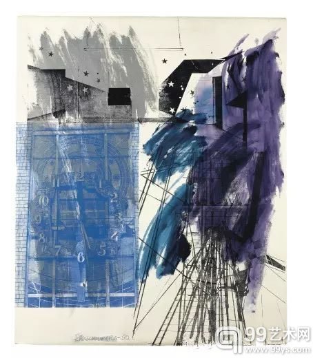拍品编号32罗伯特· 罗森伯格 (1925-2008)《时间 + 纽带》签名与日期：RAUSCHENBERG 90 (中下)压克力  布积层纸  裱於画布64 1/8 x 52 1/2寸 (162.9 x 133.4公分)1990年作美元100,000-150,000