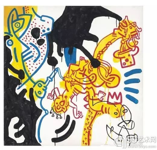 拍品编号201罗凯斯·哈林 (1958-1990)《无题》签名、日期与题识：FOR XAVIER -Keith 88 K. Haring SEPT. 5-88 (背面)压克力  画布40 x 40寸 (101.6 x 101.6公分)1988年作美元150,000-200,000