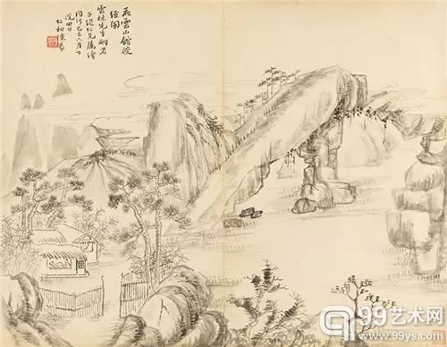 (三十一开选八) Lot1423陈豪(1839-1910) 云林先生授经图纸本册页 1869年作备 注： 朱右曾、赵之谦、杨岘等题跋。作者简介： 陈豪(1839-1910)，字蓝洲，号迈庵、墨翁、怡园居士，晚号止庵、止庵老人，浙江杭州人。同治九年优贡生，光绪三年知房县。历官湖北房县、汉川等知县，有惠政。诗、书、画皆工。子光第、汉第、叔通。35×45 cm×31约1.4平尺(每幅)