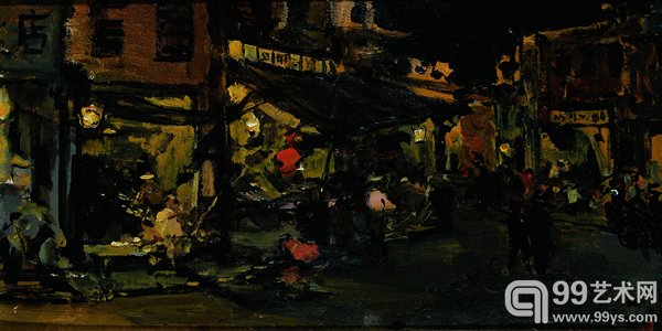 梅尔尼科夫 杭州.夜市1956 板上油画 16.5x32cm