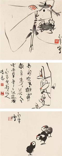Lot 394丁衍庸(1902-1978) 写意三帧纸本镜心备 注： 郑彦棻旧藏。32×33.5 cm 约1平尺33×44.5 cm 1.3平尺32.5×45 cm 约1.3平尺RMB: 5,000-10,000