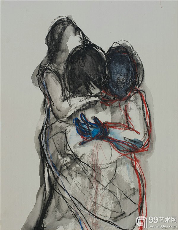 盐田千春_抱_纸上油画棒和线_65×50 cm_2014