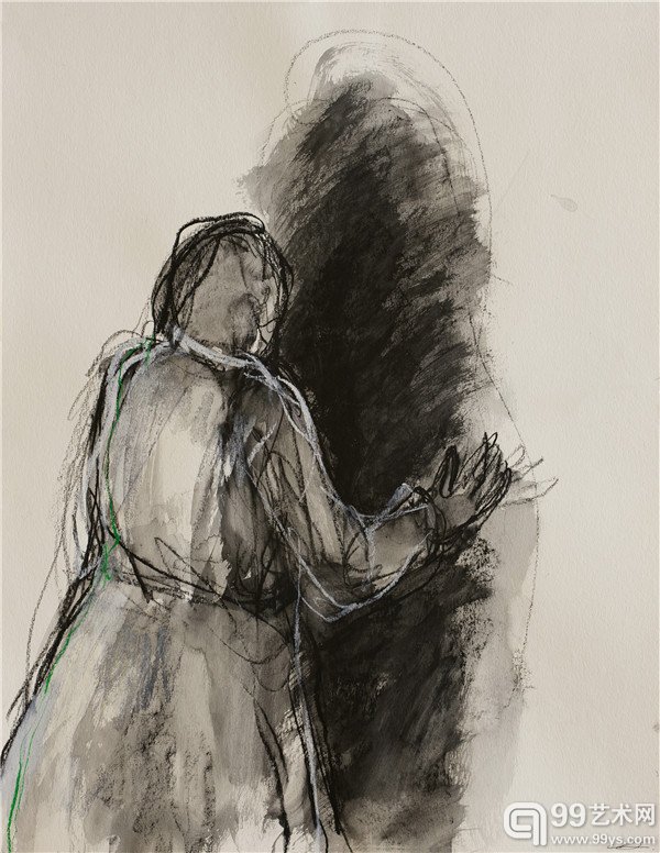 盐田千春_抱住影子_纸上油画棒_65×50 cm_2014