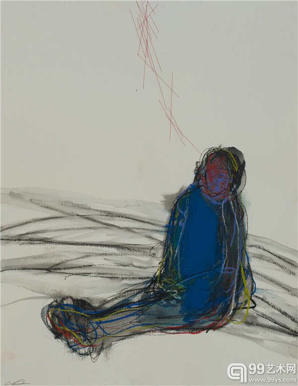 盐田千春_等待_纸上油画棒和线_65×50 cm_2014