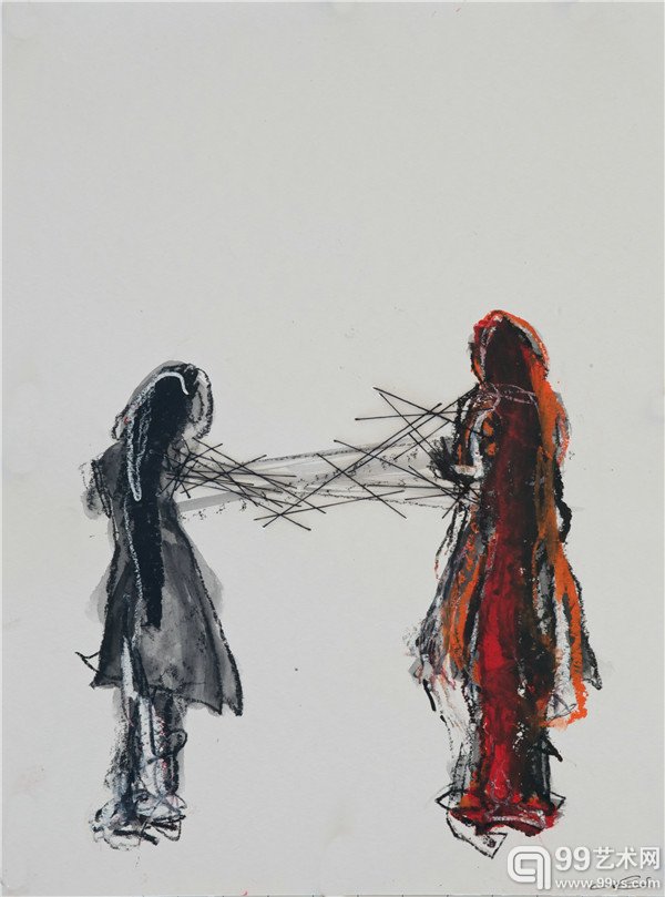 盐田千春_黑线_纸上油画棒和线_40×30 cm_2014