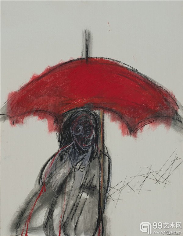 盐田千春_红伞_纸上油画棒和线_65×50 cm_2014