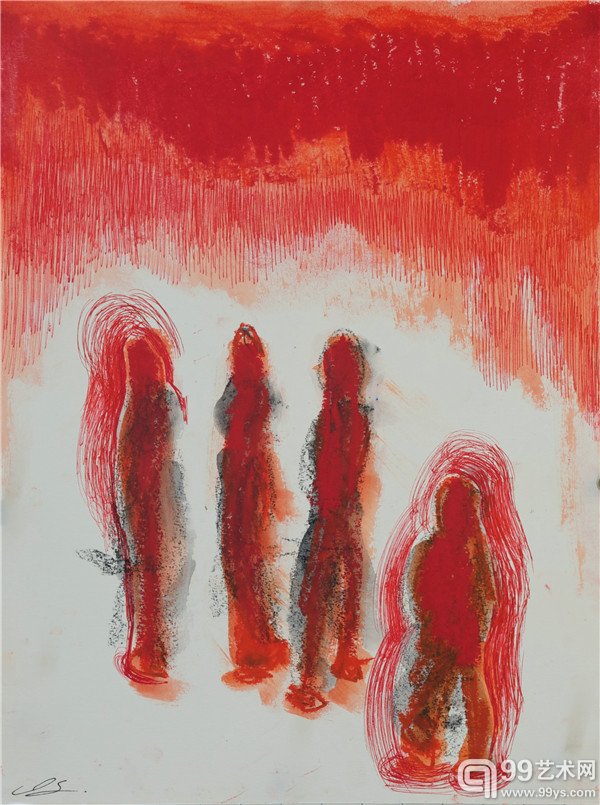盐田千春_红色天空_纸上油画棒_40×30 cm_2014