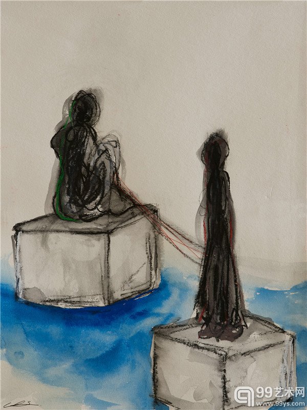 盐田千春_红绳_纸上油画棒和线_40×30 cm_2014