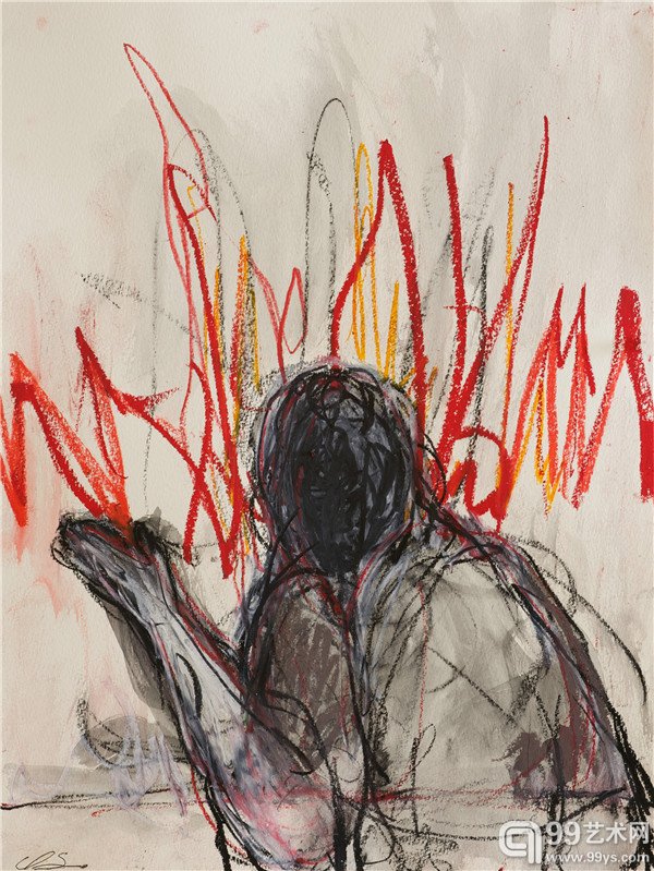 盐田千春_红线，一只手_纸上油画棒_51×38 cm_2014