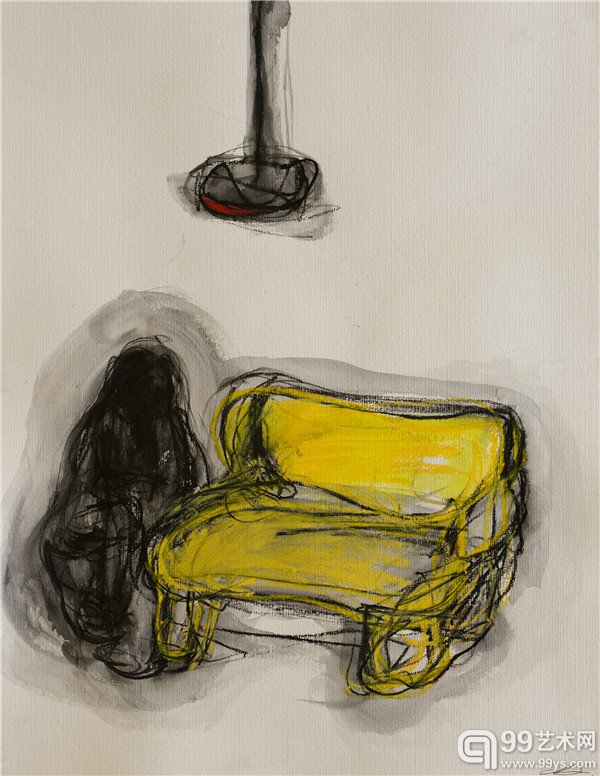 盐田千春_黄色沙发_纸上油画棒_65×50 cm_2014