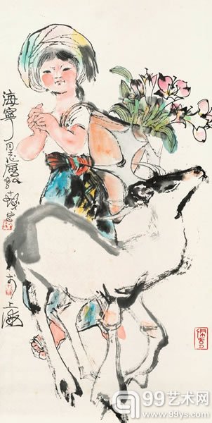 程十发  少女与鹿 纸本立轴 69 × 35 cm