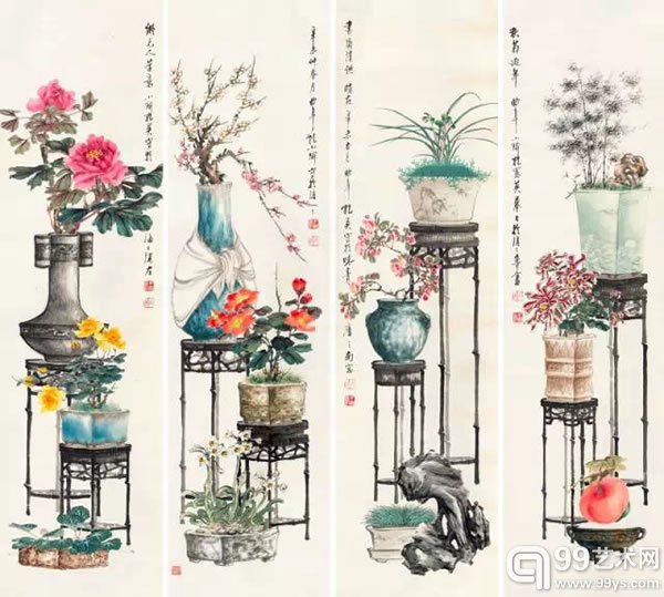 孔小瑜 博古花卉四条屏 纸本四条屏 150 × 41 cm 