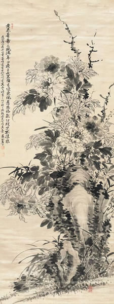 曹廷栋 菊石图 绫本立轴 165 × 61 cm 