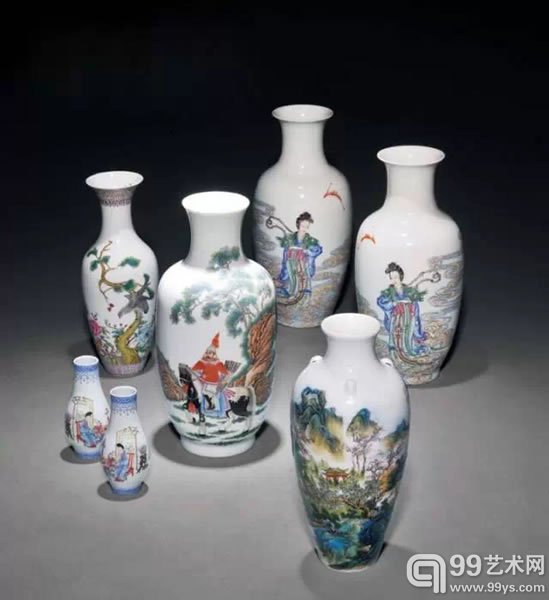 民国 仿珐琅彩山水人物诗文三系瓶 高 20.5 cm