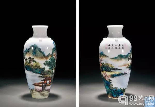 民国 仿珐琅彩山水人物诗文三系瓶 高 20.5 cm