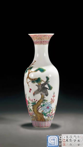 民国 仿珐琅彩花鸟诗文瓶 高 20.5 cm 著录：香港苏富比2001年10月29日秋季拍卖会第657号