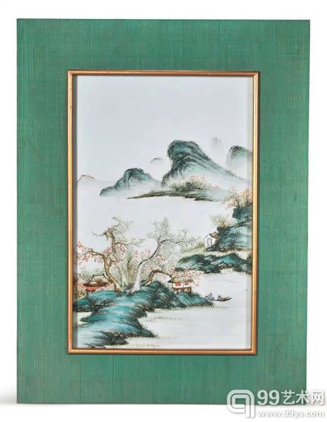民国 粉彩山水人物纹瓷板挂屏 51 × 39 cm 来源：香港苏富比1974年11月4日秋季拍卖会第201号