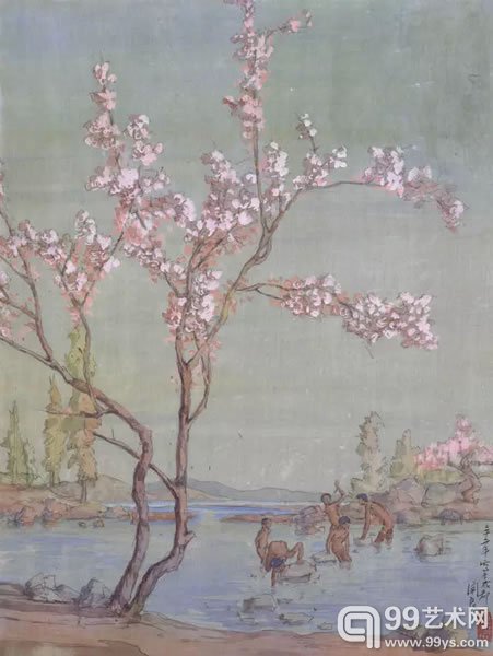 关良 桃花河畔 1943年作 绢本 水彩 58 × 43.5 cm HKD: 1,500,000 - 2,000,000