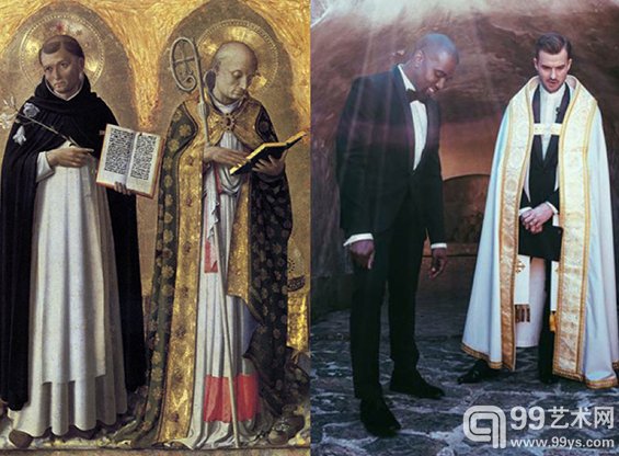 左图：弗拉-安吉利科(Fra Angelico)的画作Perugia Altarpiece(左边部分) 右图：2014年5月24日，意大利佛罗伦萨，歌手坎耶-韦斯特和牧师在婚礼上