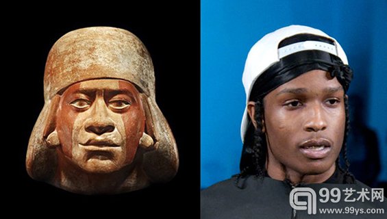 左图：前哥伦布时代，莫切文化中的一名男子头像，公元400年右图：歌手ASAP Rocky