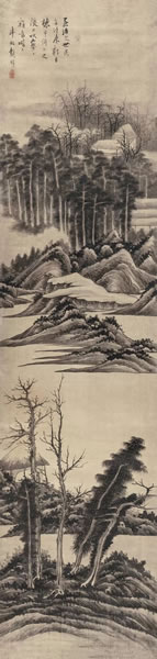 龚贤古木寒秋图绫本立轴207 × 51 cm