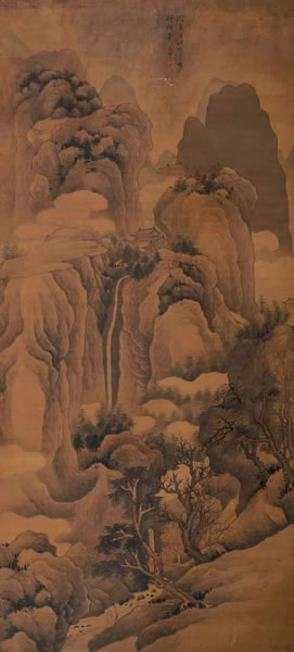 顾大申秋山古寺图绢本立轴190 × 86 cm