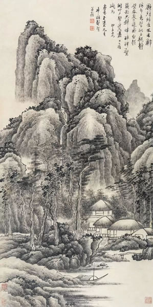 龚贤(款)江村渔隐图纸本立轴129 × 64 cm