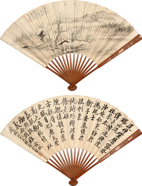 冯超然 郑孝胥 《春江泊舟 行书》 成扇  18×49 cm