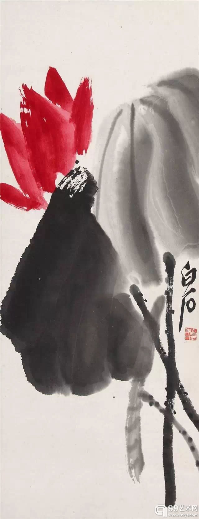 齐白石 《红荷》 四屏之一 设色纸本 镜心 52×20.5cm 款识：白石。 钤印：白石老人