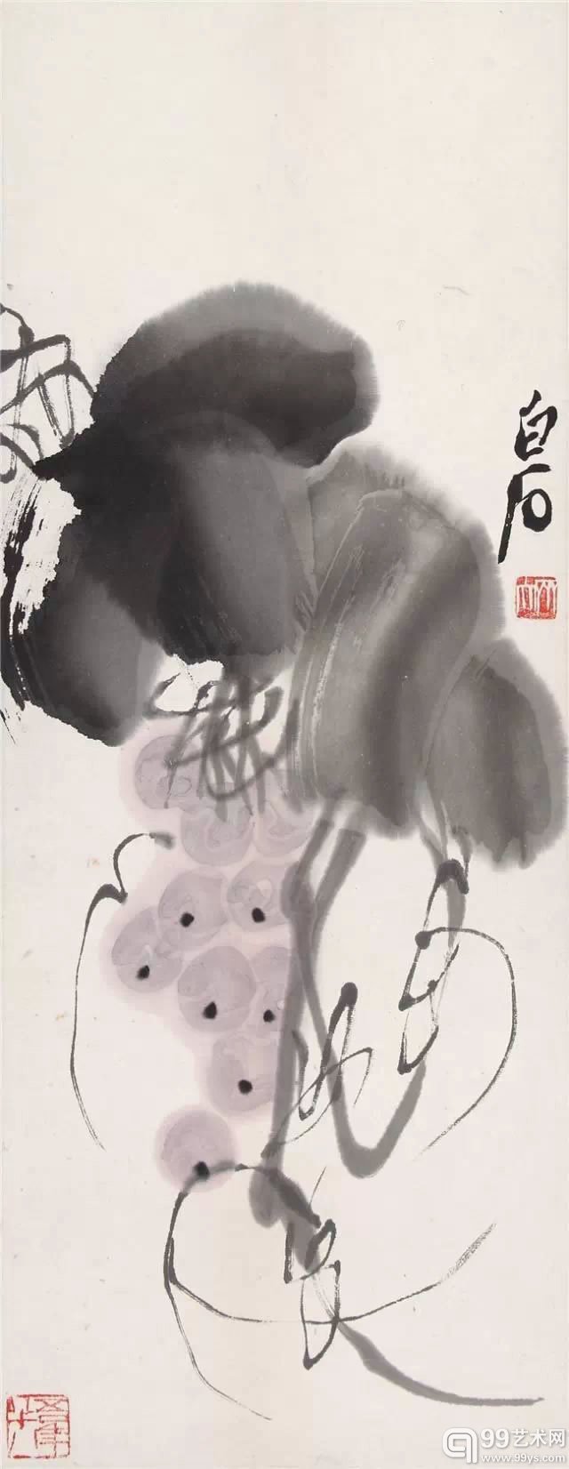齐白石 《葡萄》 四屏之二 设色纸本 镜心 52×20.5cm 款识：白石。 钤印：齐大、吾年八十八