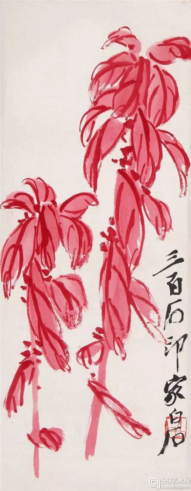 齐白石《老少年》 四屏之三 设色纸本 镜心 52×20.5cm 款识：三百石印家白石。 钤印：白石