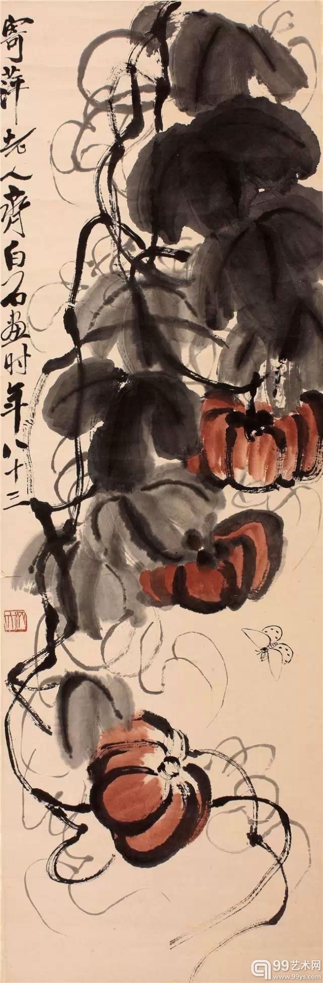 齐白石 《南瓜》 纸本设色 立轴 103×34cm 款识：寄萍老人齐白石画时年八十三。 钤印：齐大
