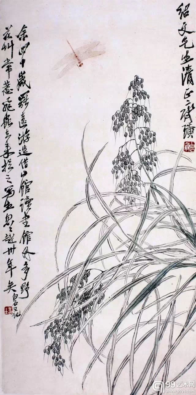齐白石 《稻穗蜻蜓》 纸本设色 镜心 69×34cm 款识： 绍文先生清正。齐璜。余四十岁罢远游，造借山馆读书。馆外多野花草，常惹飞虫去来，捉之写生，怱怱越卅年矣。白石又记。 钤印：白石翁、木居士