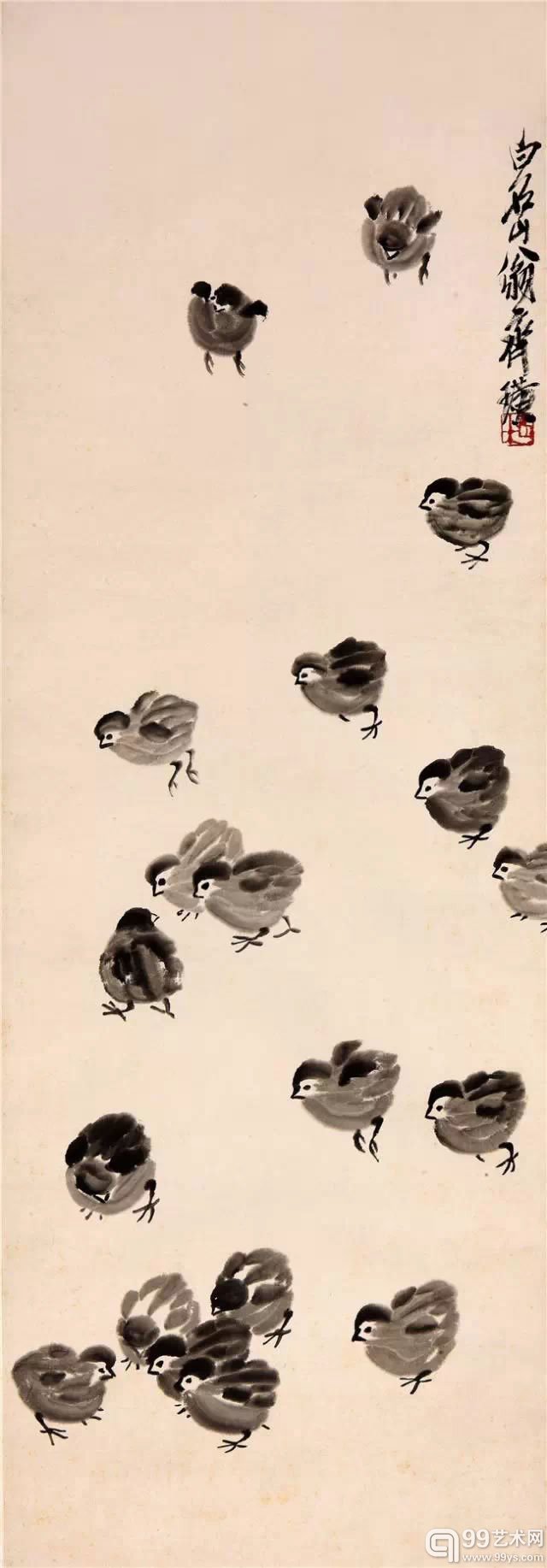 齐白石 《雏鸡图》 水墨纸本 立轴 96×33cm 款识：白石山翁齐璜。 钤印：老木