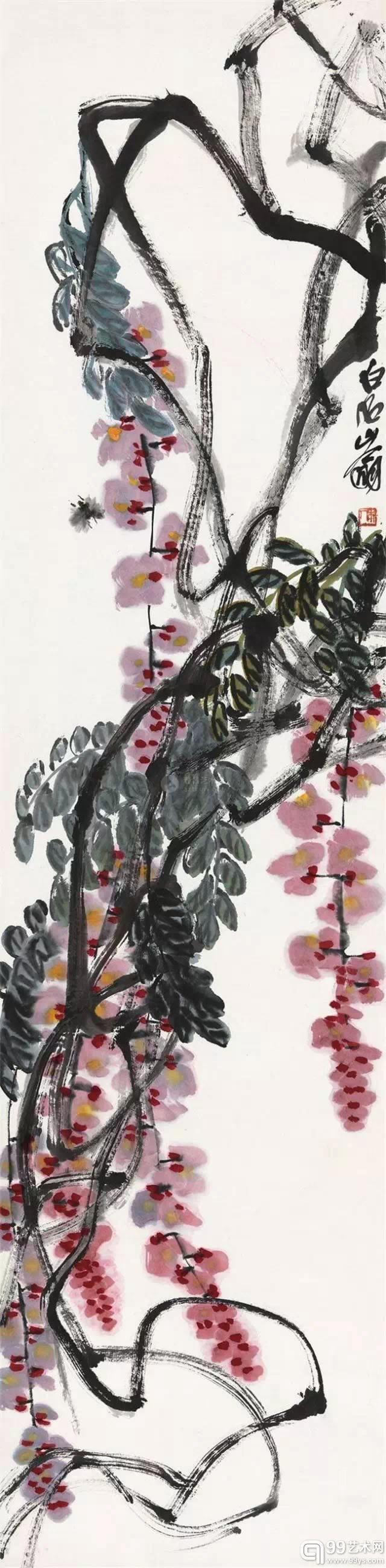 齐白石 《紫藤蜜蜂》  设色纸本 立轴 153×33cm 题识：白石山翁。 钤印：木人 