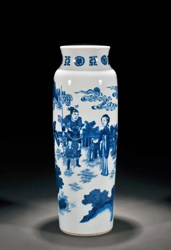 ​明崇祯青花三国演义之凤仪亭人物故事图筒瓶