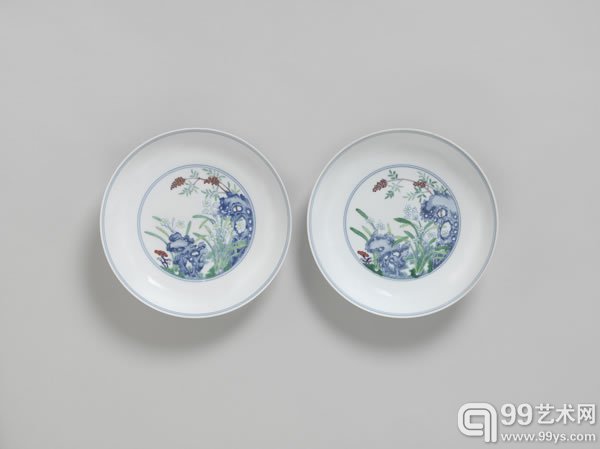 清雍正 斗彩芝仙贺寿图盘一对