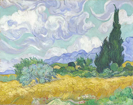 《麦田与柏树》(A Wheatfield with Cypresses，1889)