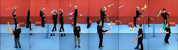 Still from The Jugglers, June 24th 2012, eighteen-screen video installation, color, sound; 9 min, 2012， David Hockney. Image courtesy Hockney ，Pictures and Pace Gallery来源：whitney.org
