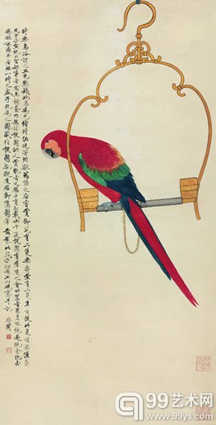 于非闇 五色鹦鹉图镜心 130×66 cm