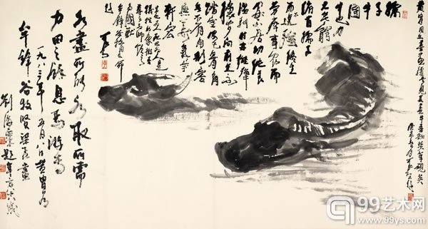 黄胄《水牛》设色纸本 立轴 96×179cm
