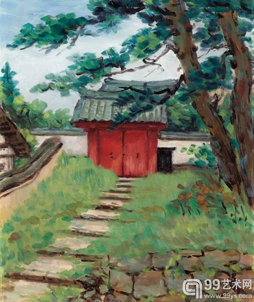 方君璧 奈良寺院 布面 油画 53×45cm