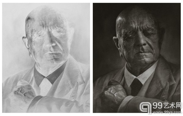 李舜《无题－Sibelius portrait》，纸上素描，8 x 10英寸黑白大画幅底片 ， 25.4 x 20.32cm x 2，2015