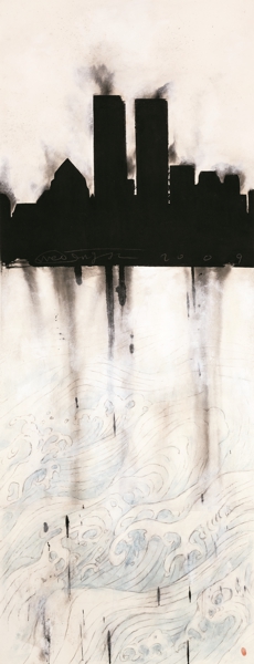 魏青吉《海市蜃楼-双子塔》 宣纸、水墨综合材料   180× 70cm  2009