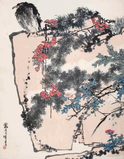 潘天寿鹰石山花图182.3×141.8cm。