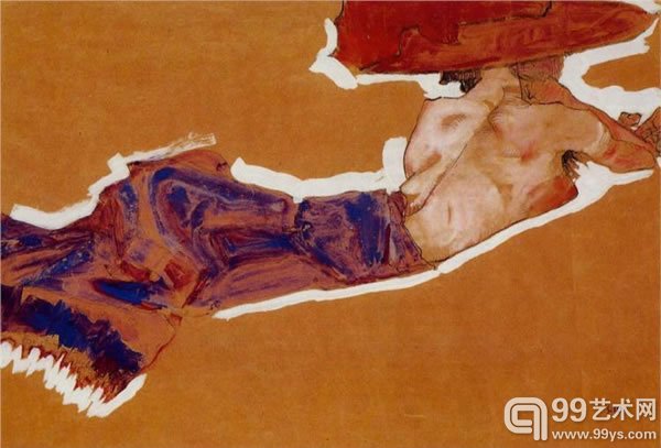 Egon Schiele, Reclining Semi Nude with Red Hat, 1910