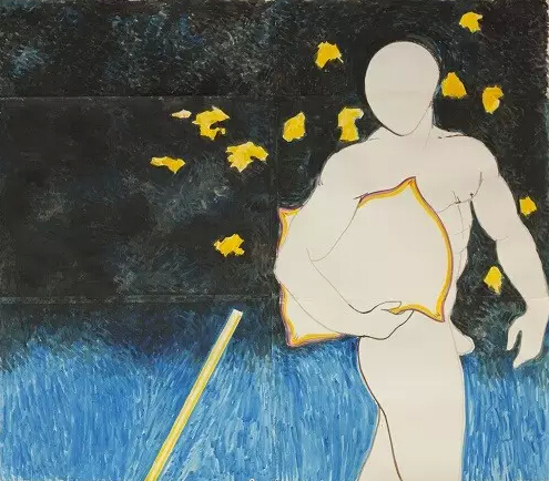 《管灯与枕头》，纸上丙稀，218x192cm，2015