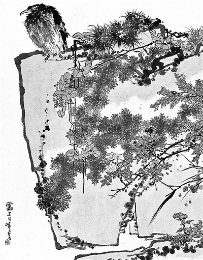 鹰石山花图
