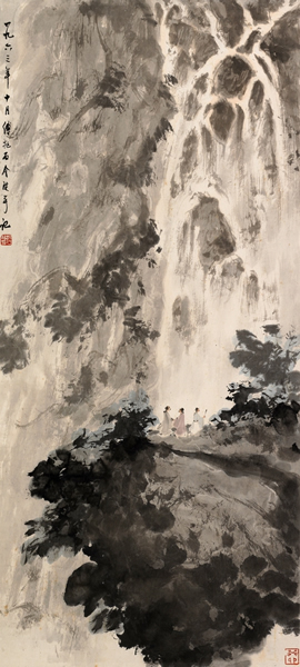傅抱石《听泉图》设色纸本 94+42 1963年